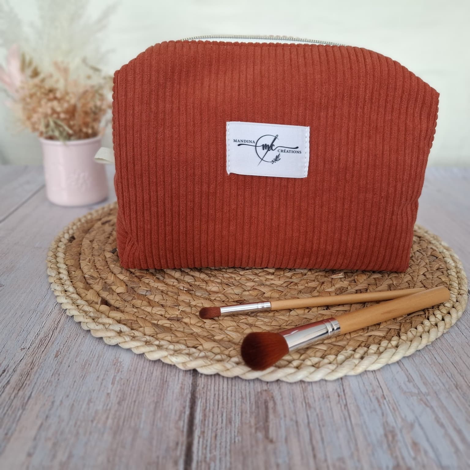 Trousse de toilette en velours côtelé terracotta - Tissu fleurs indiennes rose