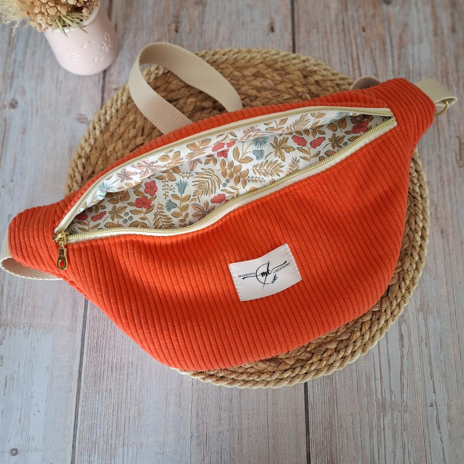 Sac banane XL en velours côtelé orange – tissu fleurs végétales - sans poche intérieure zippée