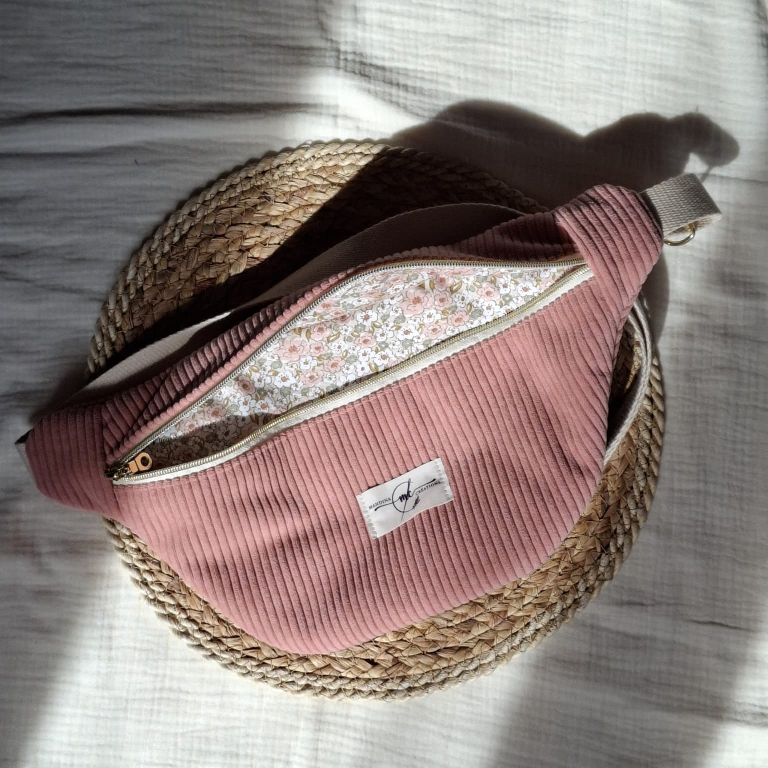 Sac banane XL en velours côtelé rose – tissu Kalmia - sans poche intérieure zippée