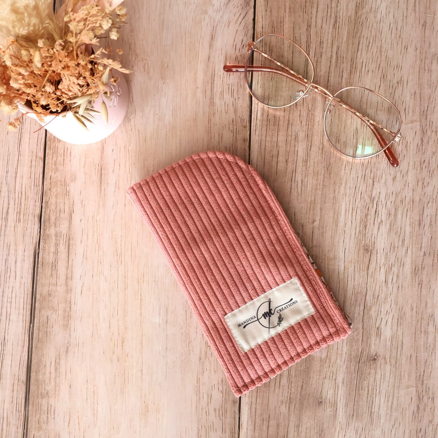 Étui à lunettes en velours côtelé rose - tissu Sophia