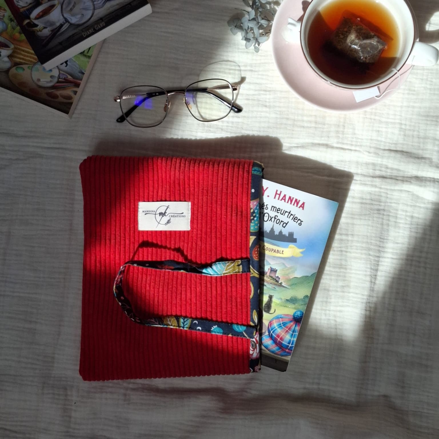 Pochette pour livre de poche en velours côtelé vermillon - tissu Ancolie