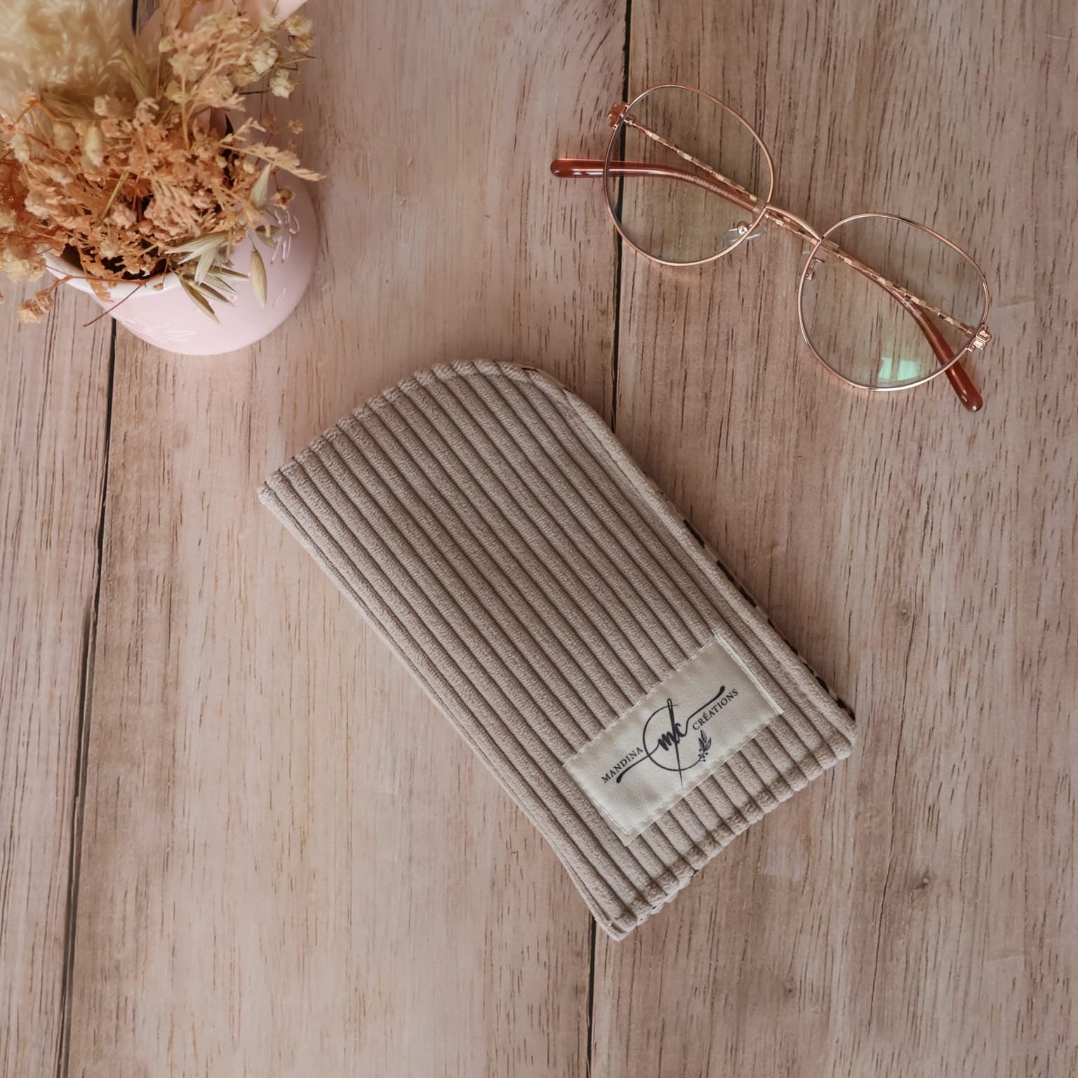 Étui à lunettes en velours côtelé beige- tissu Léopard