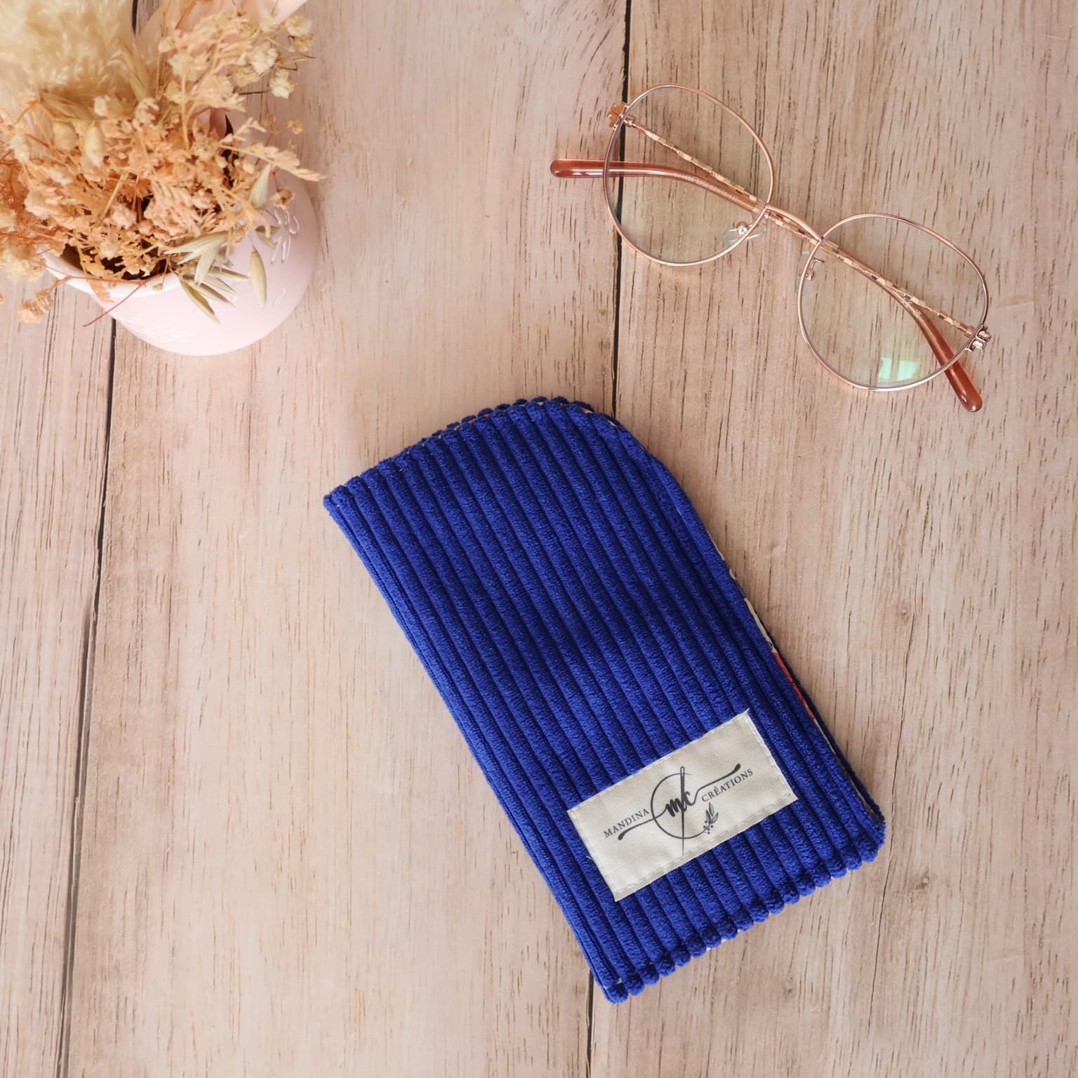 Étui à lunettes en velours côtelé bleu roi - tissu Clara