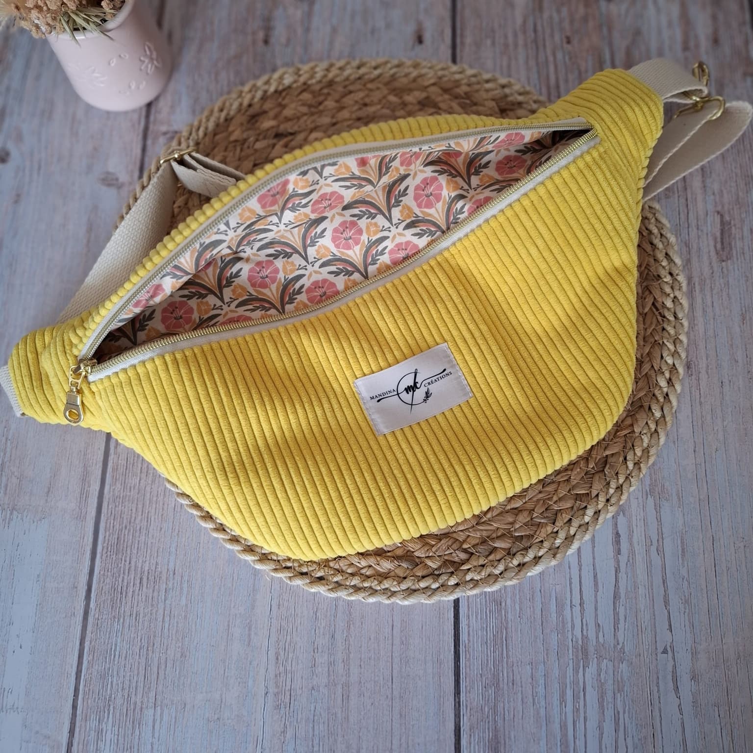 Sac banane XL en velours côtelé jaune – tissu Selma - sans poche intérieure zippée