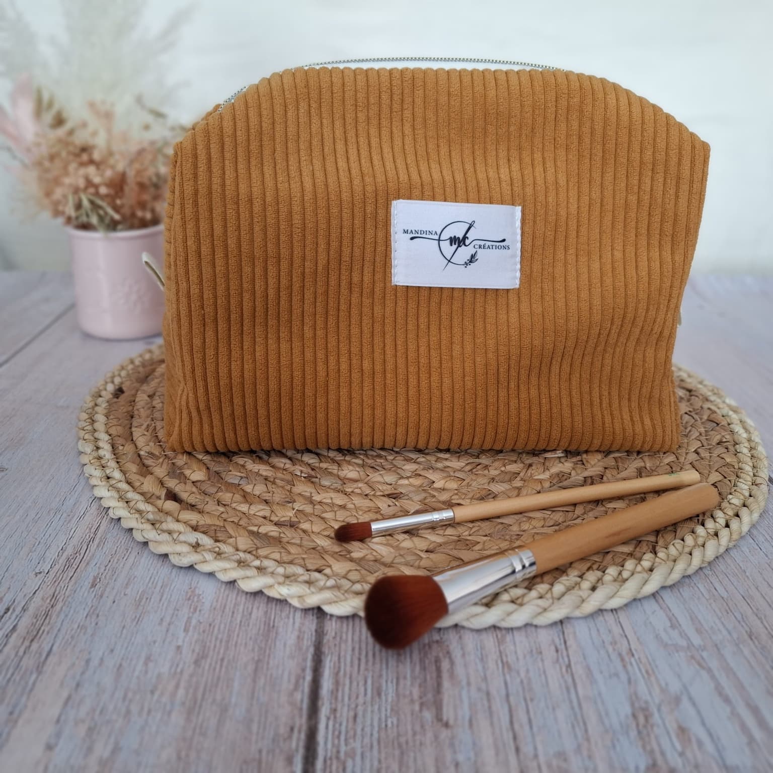 Trousse de toilette en velours côtelé camel - Tissu Ancolie