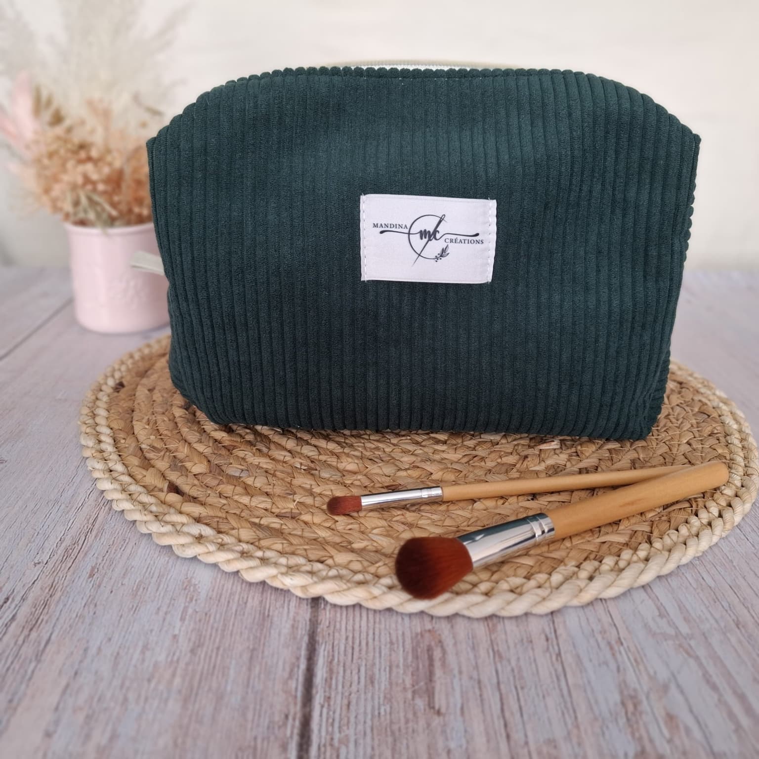 Trousse de toilette en velours côtelé vert sapin - tissu Léonie bleu