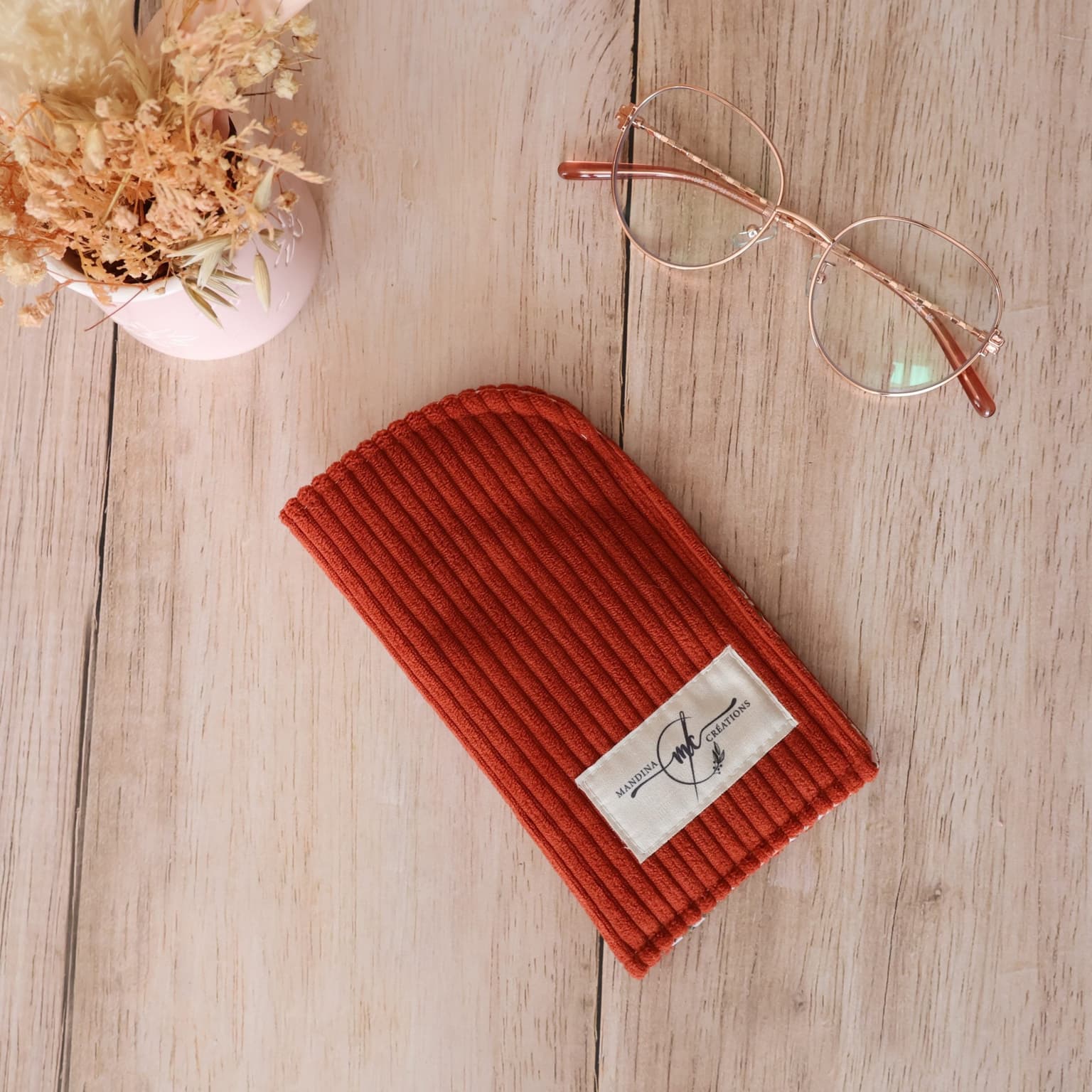 Étui à lunettes en velours côtelé terracotta - tissu Camille