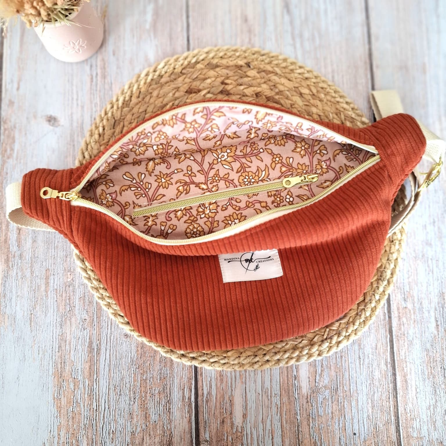 Sac banane XL en velours côtelé terracotta - tissu fleurs indiennes rose